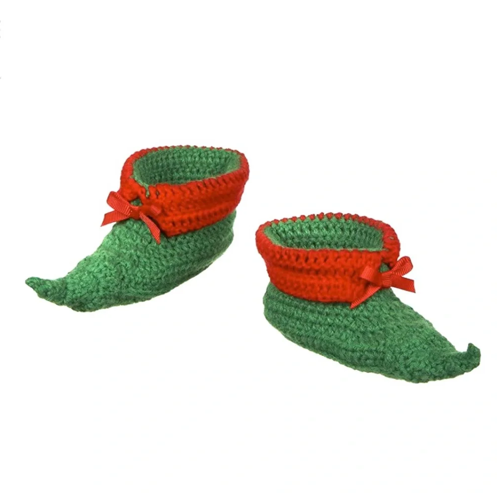 Baby knitted elf booties green and red